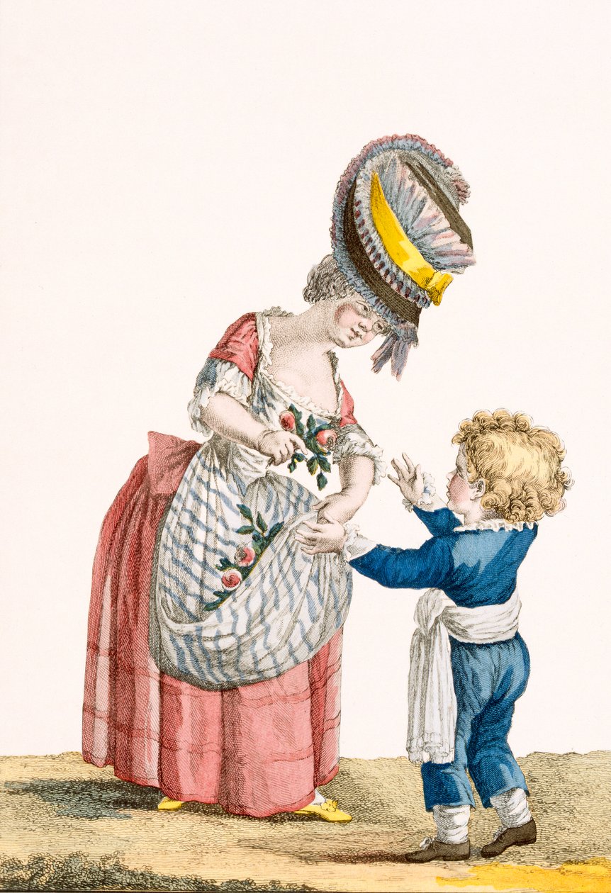 فتاة صغيرة من الفلاحين مع صبي صغير ، نقشها دوبن ، لوحة من "Galeries des Modes et Costumes Francais" ، c.1778-87 99: ملابس ؛ لباس تقليدي لباس تقليدي؛ موضه؛ بواسطة بيير توماس لو كليرك
