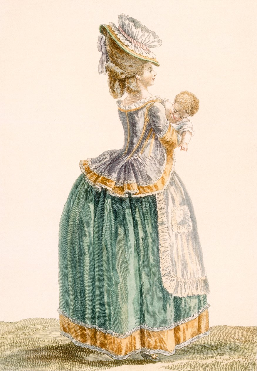 شابة أم وطفل في المقاطعة ، نقشتهما باتاس ، لوحة من "Galeries des Modes et Costumes Francais" ، c.1778-87 99: ملابس ؛ لباس تقليدي لباس تقليدي؛ موضه؛ بواسطة بيير توماس لو كليرك