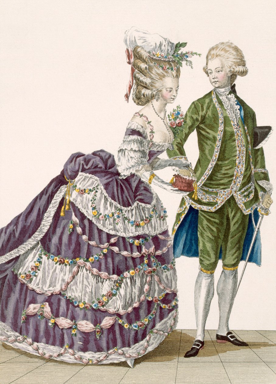 امرأة شابة وزوجها يحضران حفل المحكمة ، اللوحة رقم 112 من "Galeries des Modes et Costumes Francais" ، c.1778-87 99: ملابس ؛ لباس تقليدي لباس تقليدي؛ فاس بواسطة بيير توماس لو كليرك