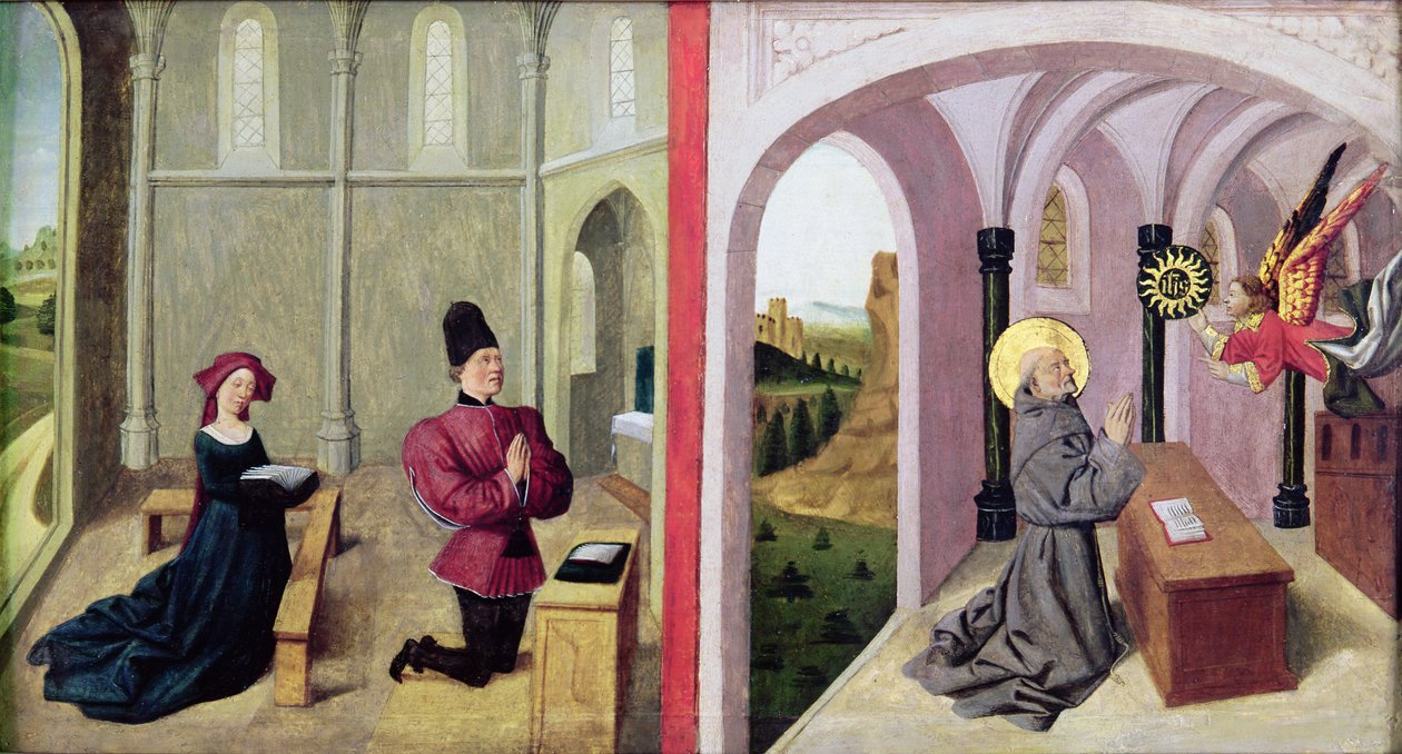 القديس برناردينو من سيينا مع اثنين من المانحين ، 1460-1470 بواسطة بيير فيلات