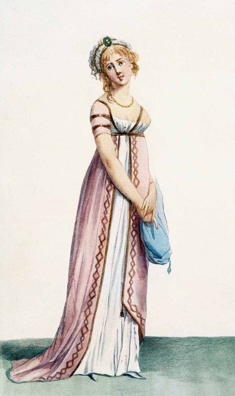 فستان كرة سيدة مصمم ببساطة ، رسم توضيحي من &39;Journal des Dames et des Modes&39; ، 1799 بواسطة بيير دي لا ميسانجير