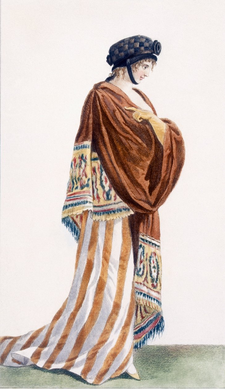 فستان نسائي مع المخمل شال ، رسم توضيحي من مجلة Journal of Dames et des Modes ، 1799 بواسطة بيير دي لا ميسانجير