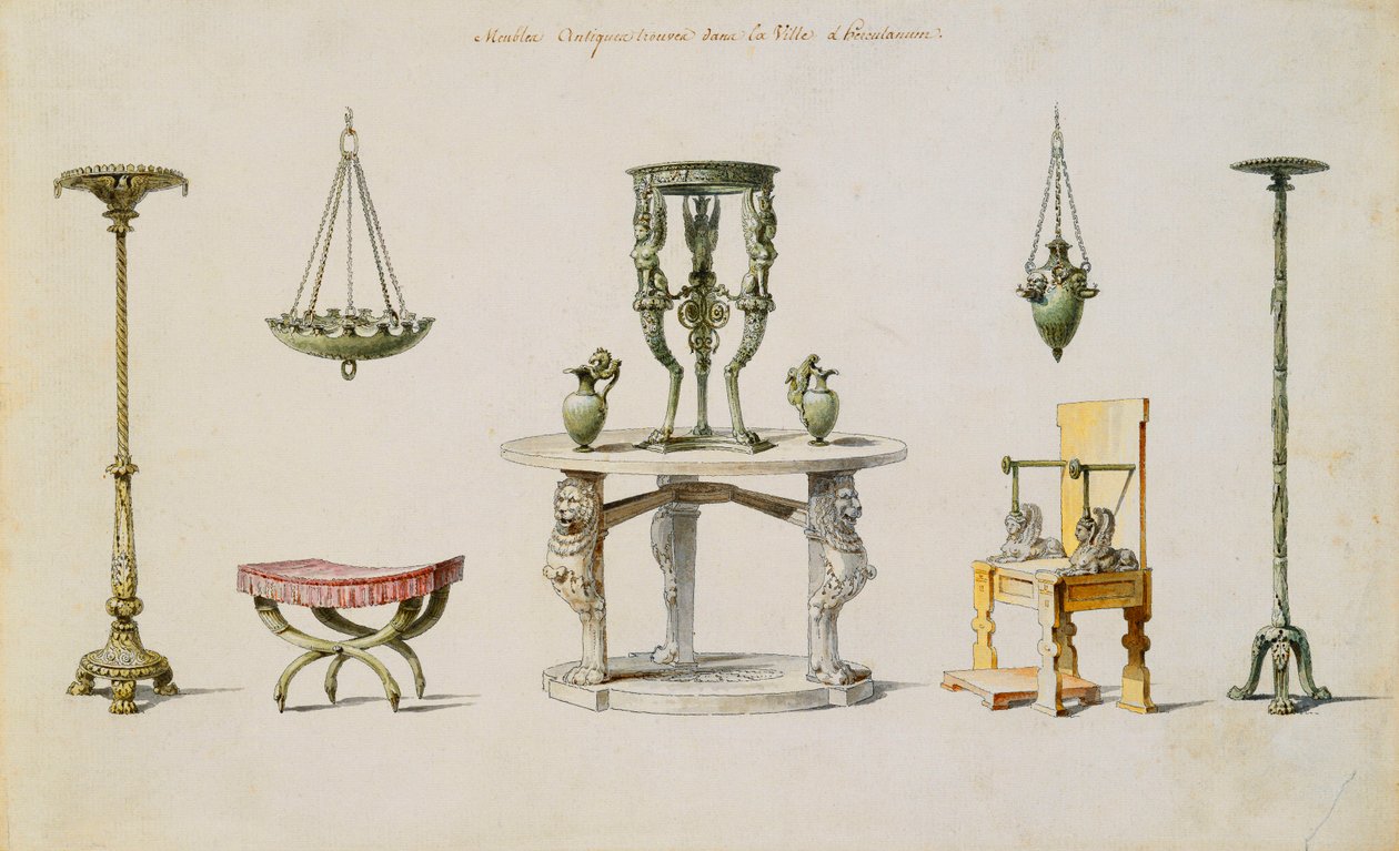 تم اكتشاف مختلف المزهريات والأثاث والمذابح وحوامل ثلاثية القوائم في Herculaneum (قلم حبر وحبر و - ج على ورق) بواسطة بيير أدريان باريس