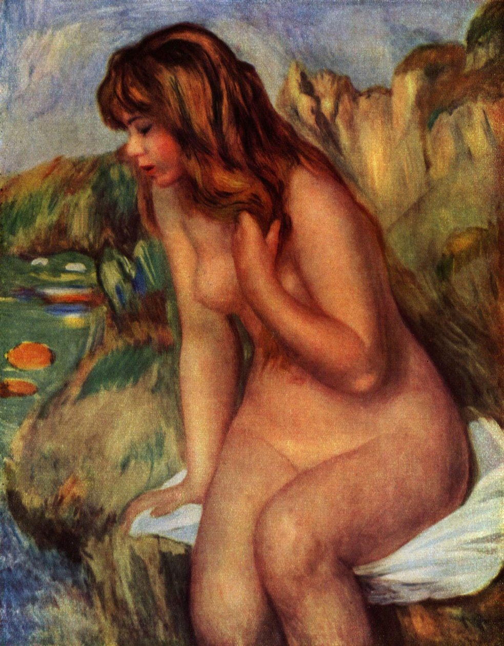 Baigneuse assess au rochernGerman: Bathers ، يجلس على صخرة بواسطة بيير أوغست رينوار