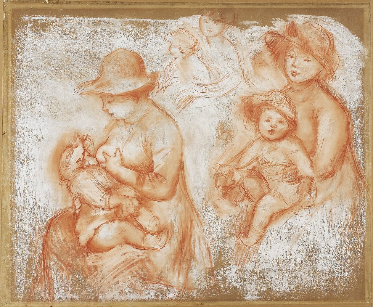 دراسات للأم والطفل ، c.1885 (الطباشير الأحمر والأبيض على ورق مصقول) بواسطة بيير أوغست رينوار