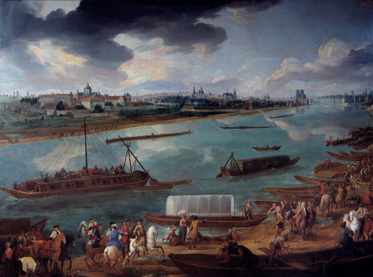 منظر لباريس ، مأخوذ من Quai de la Rapee في عام 1716 ، تفاصيل القوارب على نهر السين. لوحة بيير دينيس مارتن بواسطة بيير دينيس مارتن