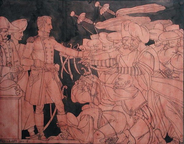 نابليون الأول (1769-1821) يستقبل استسلام القادة المصريين خلال الحملة المصرية ، تصميم تحضيري لمزهرية (جواش على ورق) بواسطة بيير نولاسك برجريت