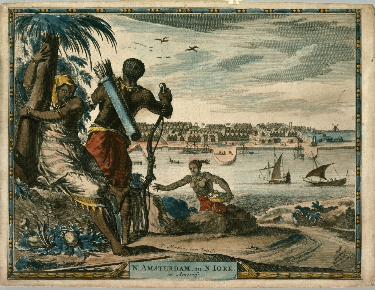 شمال أمستردام ، أو N Iork في Ameriq. ، كاليفورنيا. 1700 (نقش ملون يدويًا) بواسطة بيير مورتييه