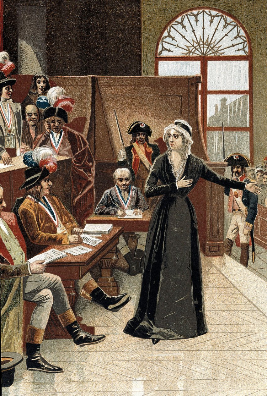 الثورة الفرنسية: ملكة فرنسا ماري أنطوانيت أمام القاضي أثناء محاكمتها في 14 أكتوبر 1793 (رسم) ، بواسطة بيير (بعد) مرق