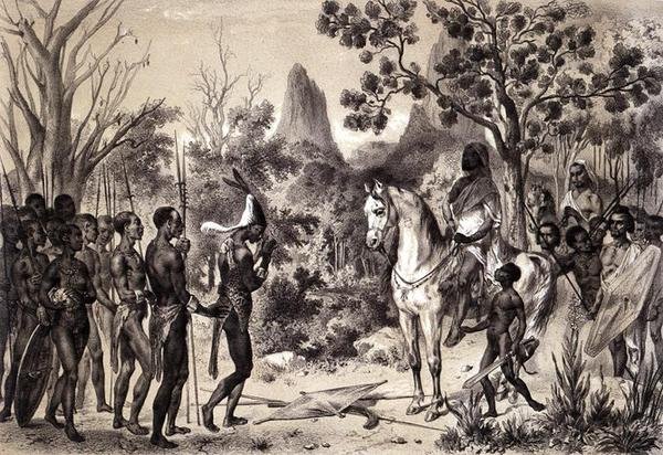 حفل تقديم زعيم زنجي إلى ملك سناري ، من كتاب "رحلات في السودان الشرقي وآخرون في أفريقيا السبعينية" بقلم بيير تريمو (1818-95) نقشه لورينز بواسطة بيير (بعد) تريمو