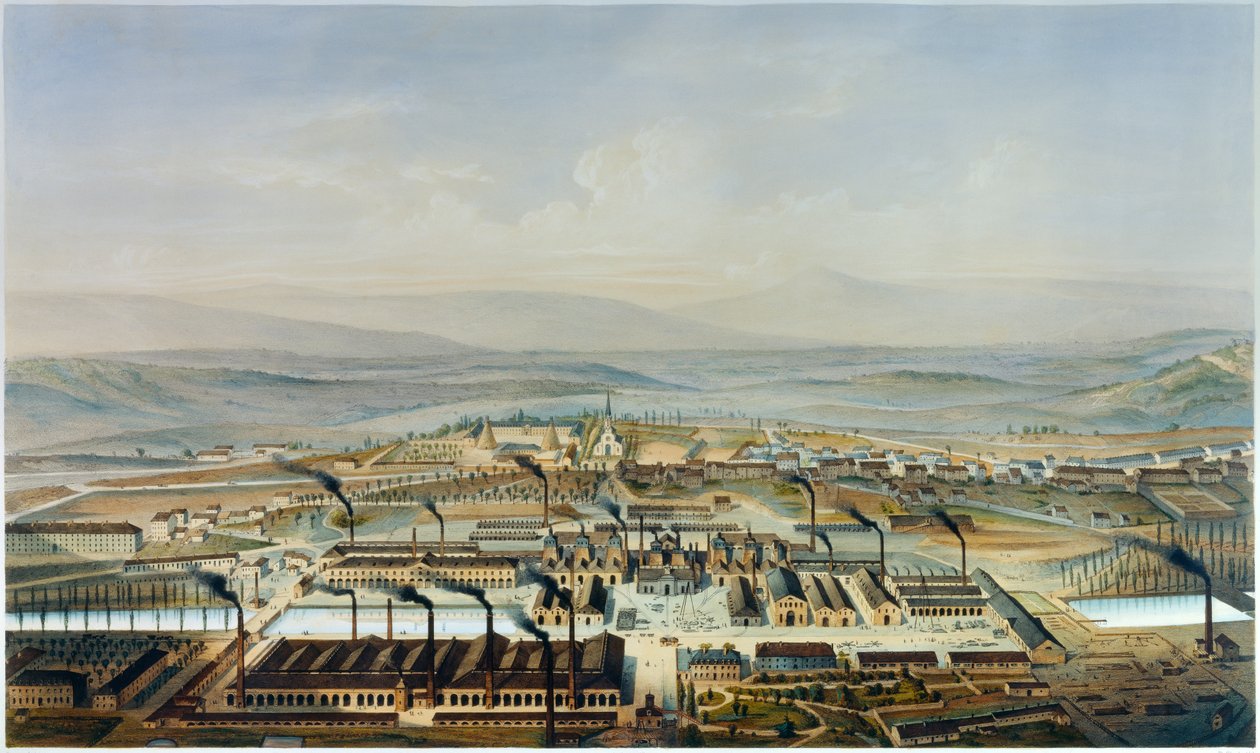 منظر لورشتي Creusot و Chateau de la Verrerie ، الطباعة الحجرية بعد الألوان المائية لبيير تريمو (1818-1895) بواسطة بيير (بعد) تريمو