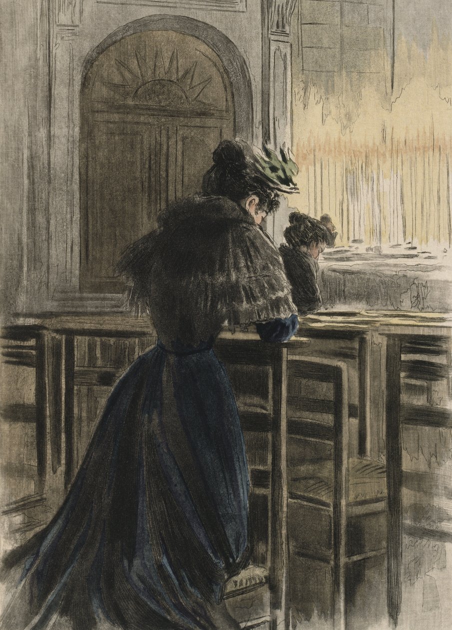 الولاءات في الكنيسة ، رسم توضيحي من "La Femme a Paris" بواسطة أوكتاف أوزان (1851-1931) 1894 (نقش ملون) بواسطة بيير (بعد) فيدال