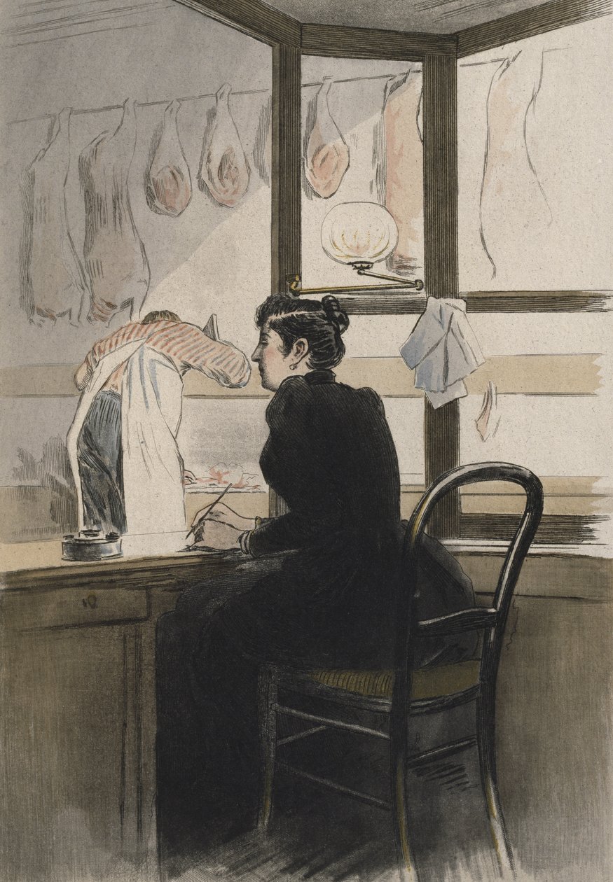 أمين الصندوق عند الجزار ، رسم توضيحي من "La Femme a Paris" لأوكتاف أوزان (1851-1931) 1894 (نقش ملون) بواسطة بيير (بعد) فيدال