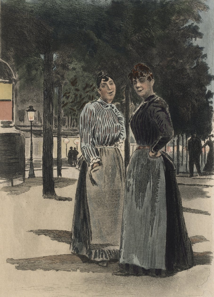 امرأتان عاديتان في الجادة ، رسم توضيحي من "La Femme a Paris" لأوكتاف أوزان (1851-1931) 1894 (نقش ملون) بواسطة بيير (بعد) فيدال