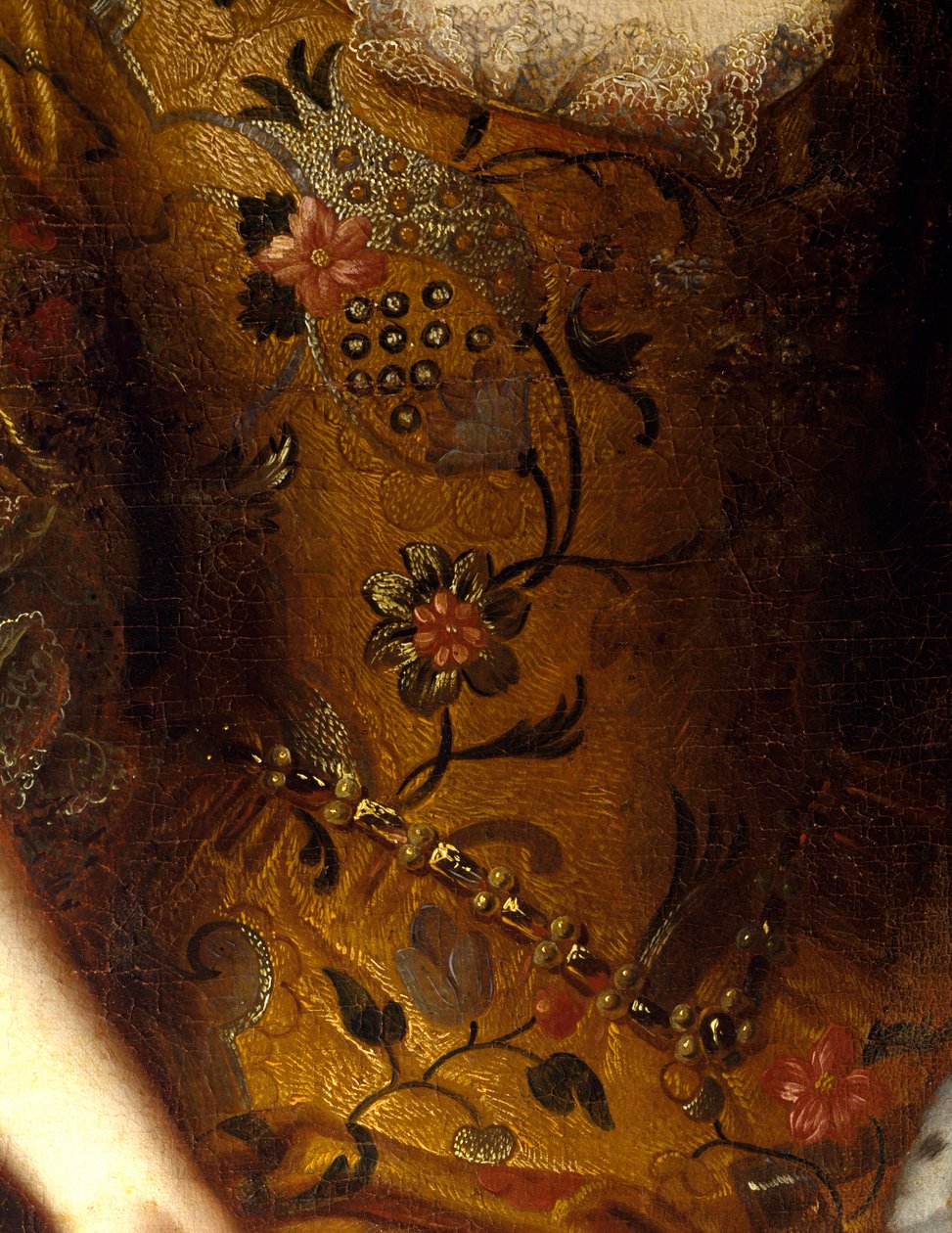 صورة إليزابيث شارلوت دورلينز (1676-1744) ، دوقة لورين ، ابنة فستان Palatine مع حزام من اللؤلؤ وفستان مطرز بالزهور. لوحة ورشة عمل بيير جوبيرت (1662-1744) 1698 ديم. 1،4x1،11 م فرساي ، متحف بواسطة بيير (استوديو) جوبيرت