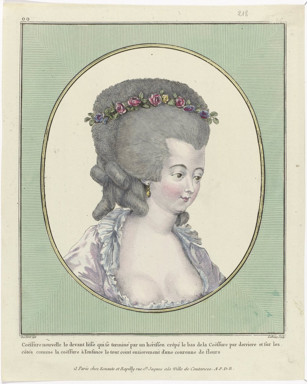 تسريحات الشعر ، وسائد ، والقبعات ، والقبعات: أحد عشر تسريحات الشعر وأغطية الرأس Gallerie des Modes et Costumes Français، 1781، oo 218: Coëffure nouvelle le front (...] بواسطة بيير أدريان لو بو