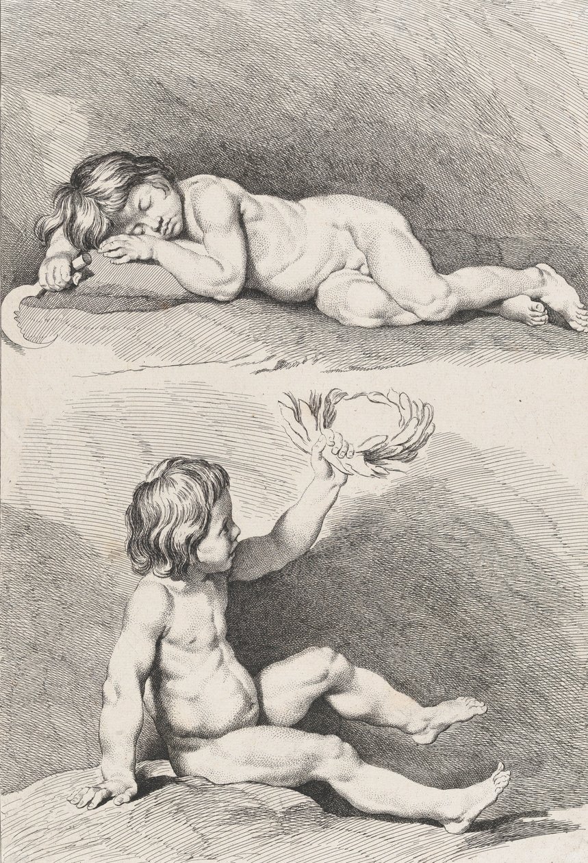 طفلان عريان ، أحدهما نائم والآخر يحمل إكليل من الزهور ، من New Book of Childr ... ، 1720-60. بواسطة بيير الكسندر افلين