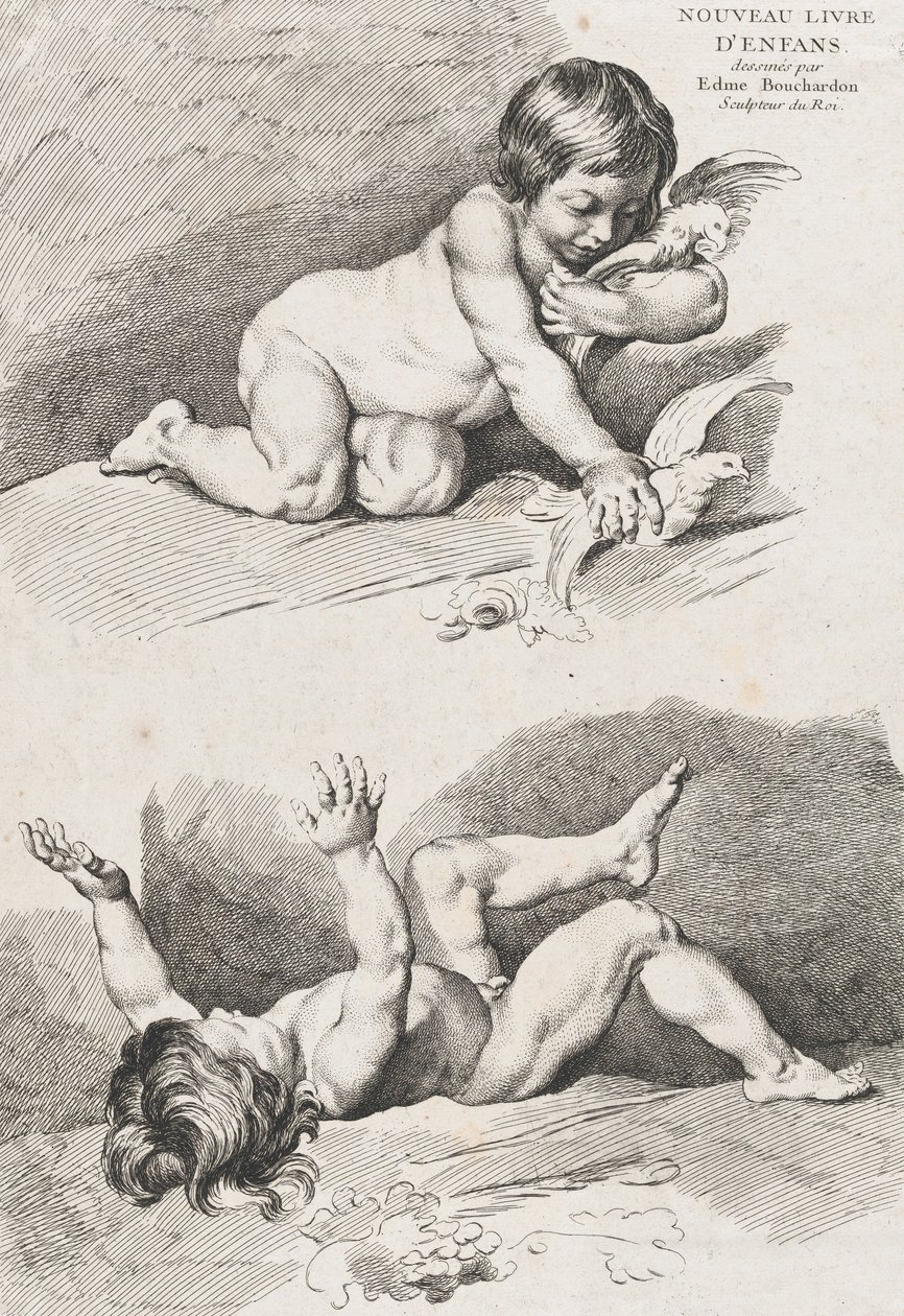 طفلان عريان يلعبان بورقة شجر ، من كتاب الأطفال الجديد ، 1720-60. بواسطة بيير الكسندر افلين