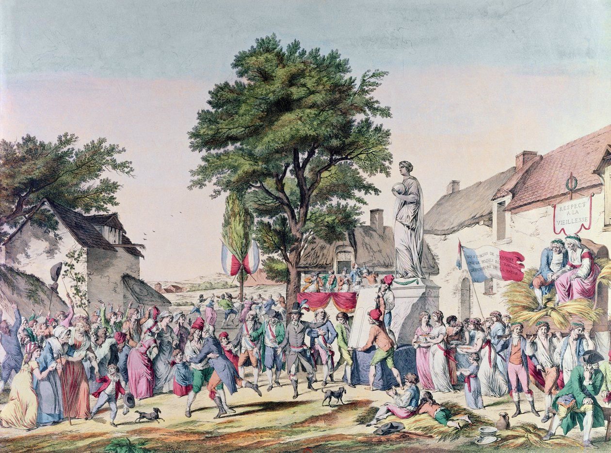 مهرجان القرية على شرف الشيخوخة في وقت الثورة الفرنسية 1795 (نقش ملون) بواسطة بيير الكسندر ويل