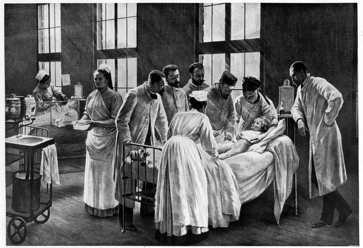 Le Croup à l'hopital Trousseau ، بواسطة Andre Brouillet - The Croup Cured بواسطة دكتور Roux ، نقش بواسطة E. Buval (لون ليثو) ، Brouillet ، Pierre Andre (1857-c.1920) (بعد) / Musee de la Ville de Paris ، متحف كارنافالي ، باريس ، فرنسا بواسطة بيير أندريه (بعد) برويليه