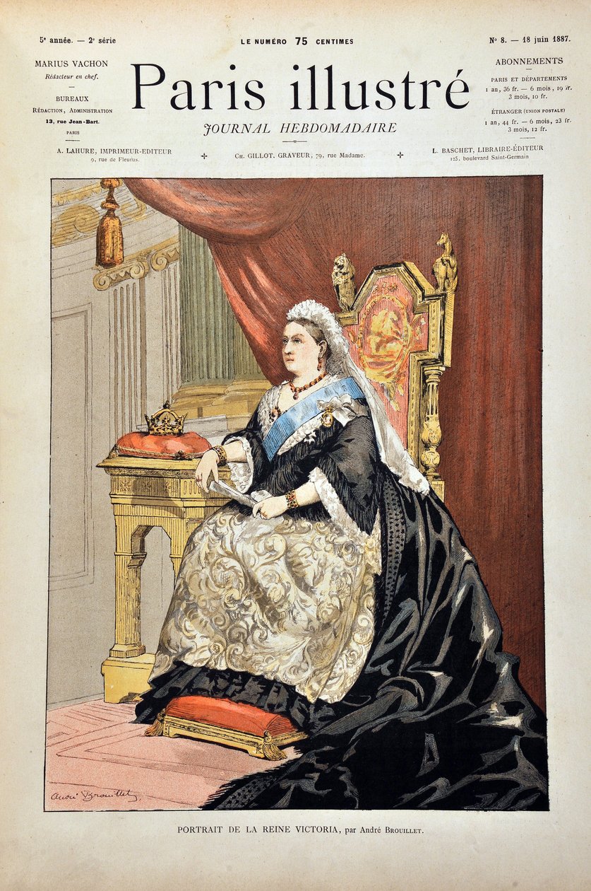 صورة فيكتوريا إيري ، ملكة إنجلترا (1819-1901) لأندريه برويلت ، نقش عام 1887 في "مجلة أسبوعية باريس-إليستروس" ". بواسطة بيير أندريه بروليه