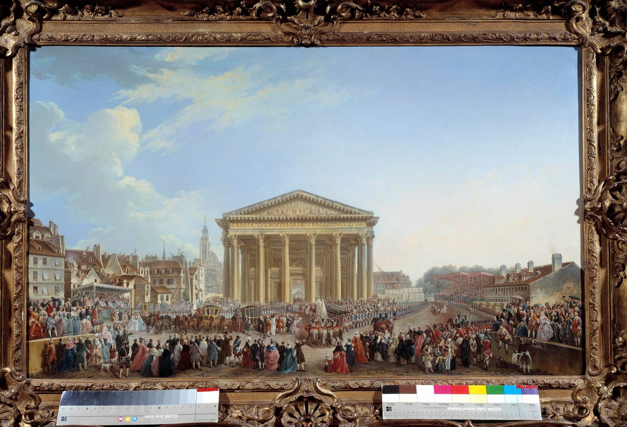Ceremony of laying the first stone of the new Church of Saint Genevieve on 6/09/1764 near the Pantheon Painting by Pierre Demachy (1723-1807) 1765. Dim. 81 x 1,29 m Paris, musee Carnavalet - Ceremony of laying the first stone of the new Church of St Genevi بواسطة بيار أنطوان ديماشي