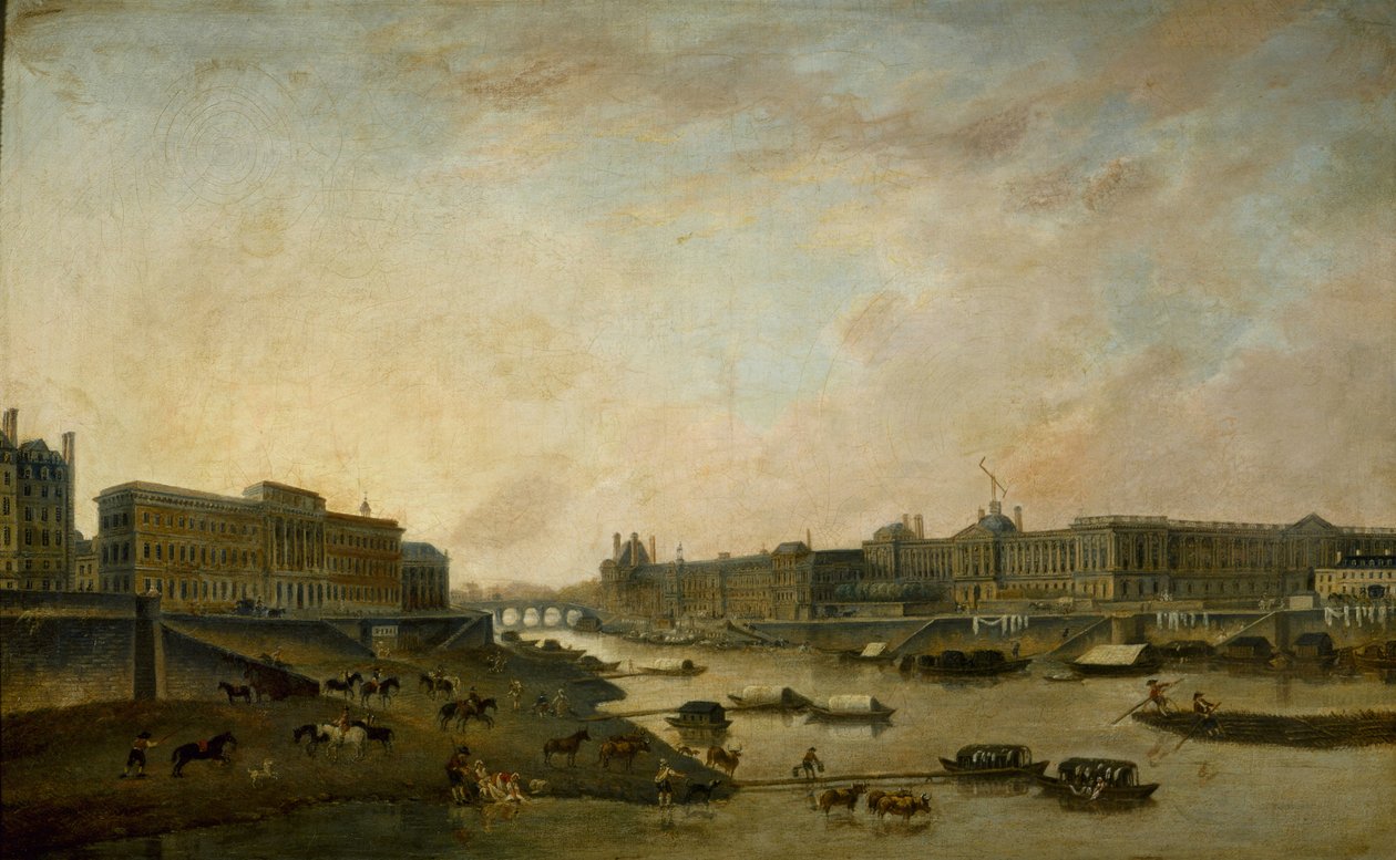 فندق Hôtel de la Monnaie ومتحف اللوفر ، يُرى من Pont-Neuf ، ج. 1800. بواسطة بيار أنطوان ديماشي