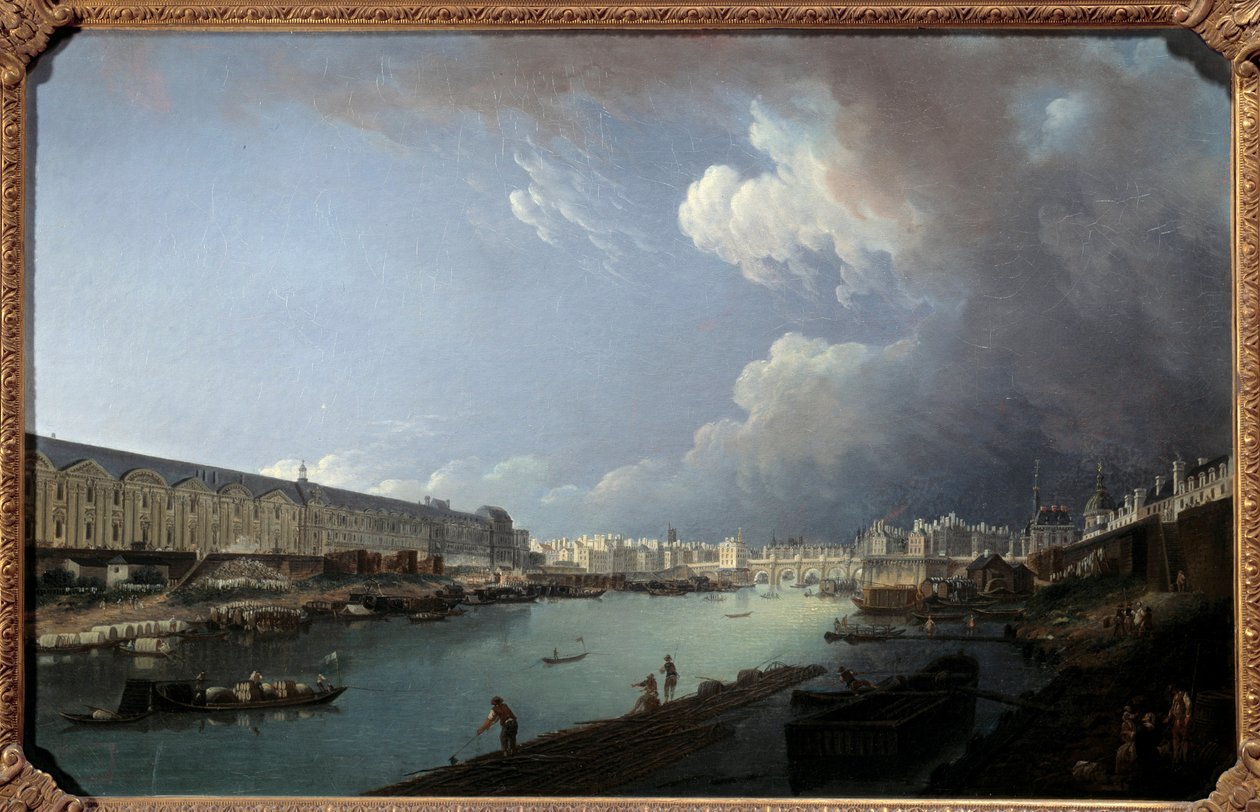 منظر لمتحف اللوفر و Ile de la Cite مأخوذ من لوحة Pont Royal بواسطة Pierre Demachy (1723-1807) 1778 Sun. 0،49 × 0،77 م. بواسطة بيار أنطوان ديماشي