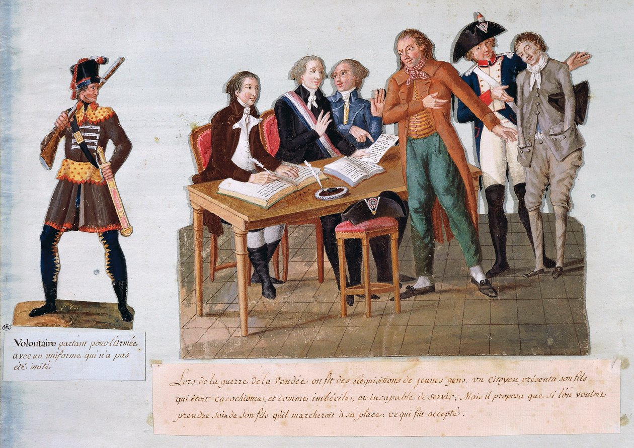 Volunteers heading off to sign up to the army for the war in the Vendee (1792-1793) (gouache on paper) بواسطة بيير أنطوان ليسور
