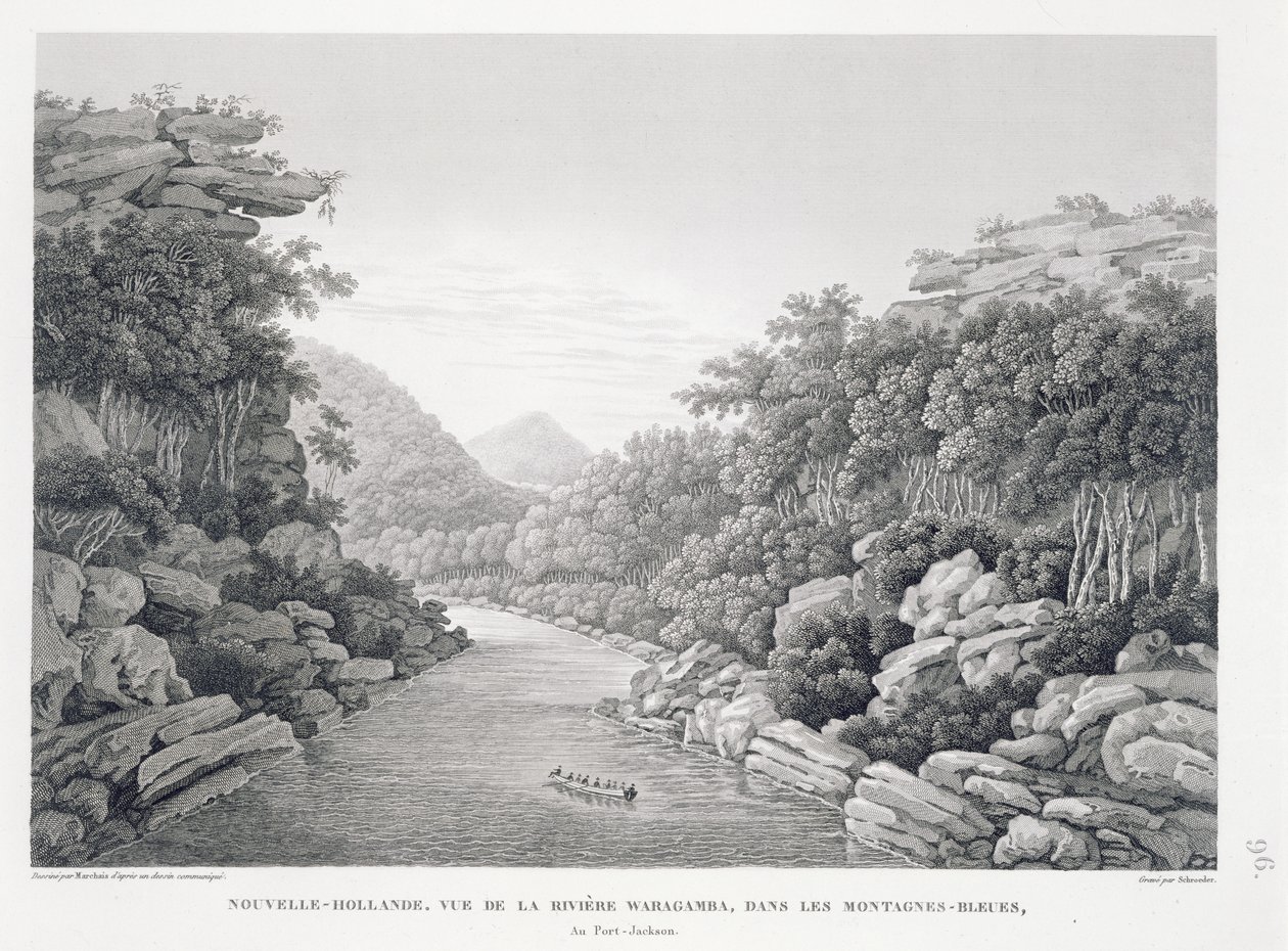 نيو هولاند: منظر لنهر واراجامبا في الجبال الزرقاء ، من "Voyage Autour du Monde (1817-20)" ، بقلم لويس كلود ديساولس دي فريسينت (1779-1842) ، منقوش بواسطة شرودر ، نشر 1822-24 (li بواسطة بيير أنطوان مارشيس
