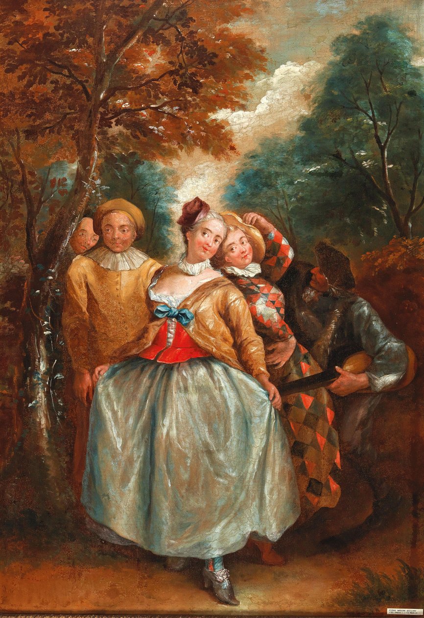 مشهد من Commedia dell'Arte مع كولومبينا وهارلكوين وبييرو. بواسطة بيير أنطوان كويلارد