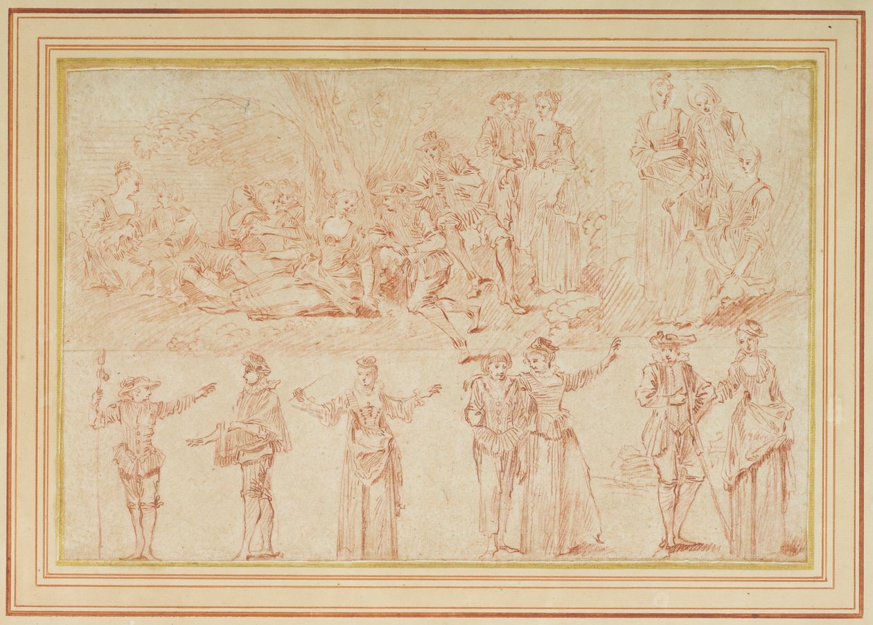 Two fetes galantes and studies of single figures and pairs (red chalk on paper) بواسطة بيير أنطوان كويلارد