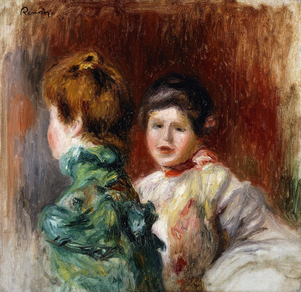 رسم تخطيطي لرأسي امرأتين ؛ رسم ، رأسين للنساء ، 1895 بواسطة بيير أوغست رينوار