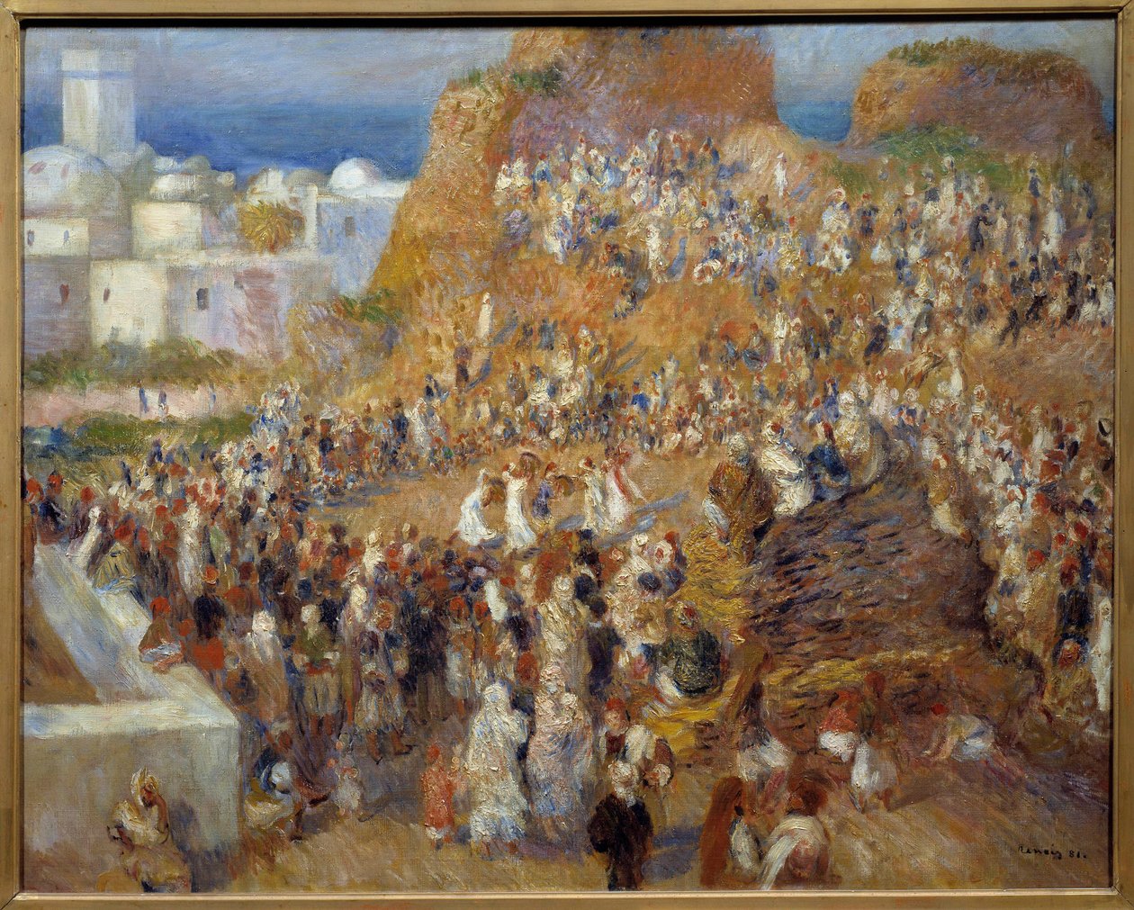 La Mosquee، arab fete عرض رقصات وموسيقيين في الجزائر - لوحة لبيار أوغست رينوار (1841-1919) 1881 قاتمة 0.73x0.92 م باريس ، متحف أورسيه - المسجد. المهرجان العربي. عرض رقص وموسيقيون في الجزائر العاصمة. لوحة بيير أوغست رينوار (184 بواسطة بيير أوغست رينوار