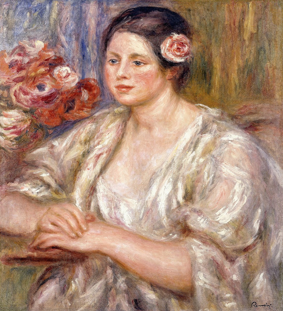مادلين في بلوزة بيضاء وباقة زهور ، c.1915-1919 بواسطة بيير أوغست رينوار