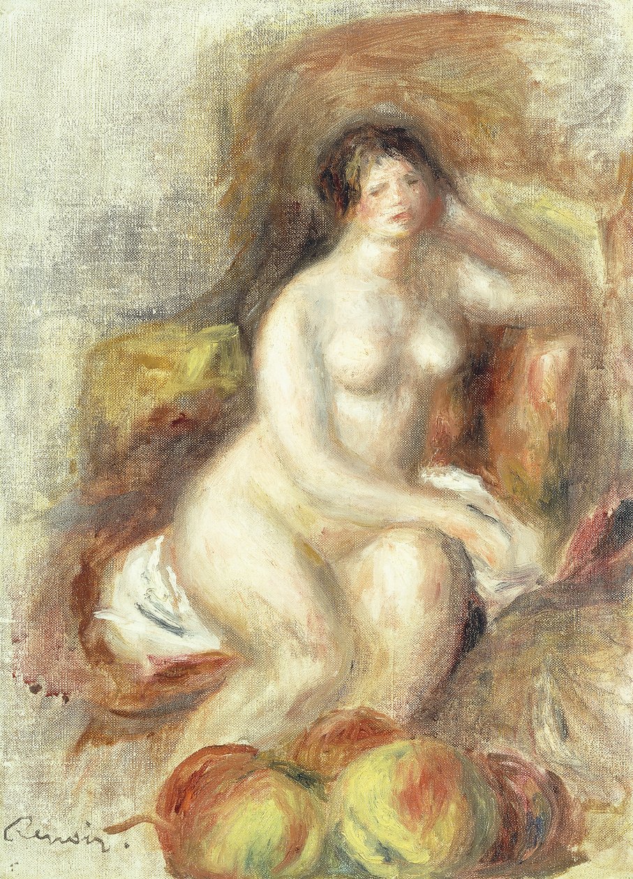 امرأة عارية تجلس مع التفاح ؛ امرأة عارية تجلس وتفاح ، ج 1908 بواسطة بيير أوغست رينوار