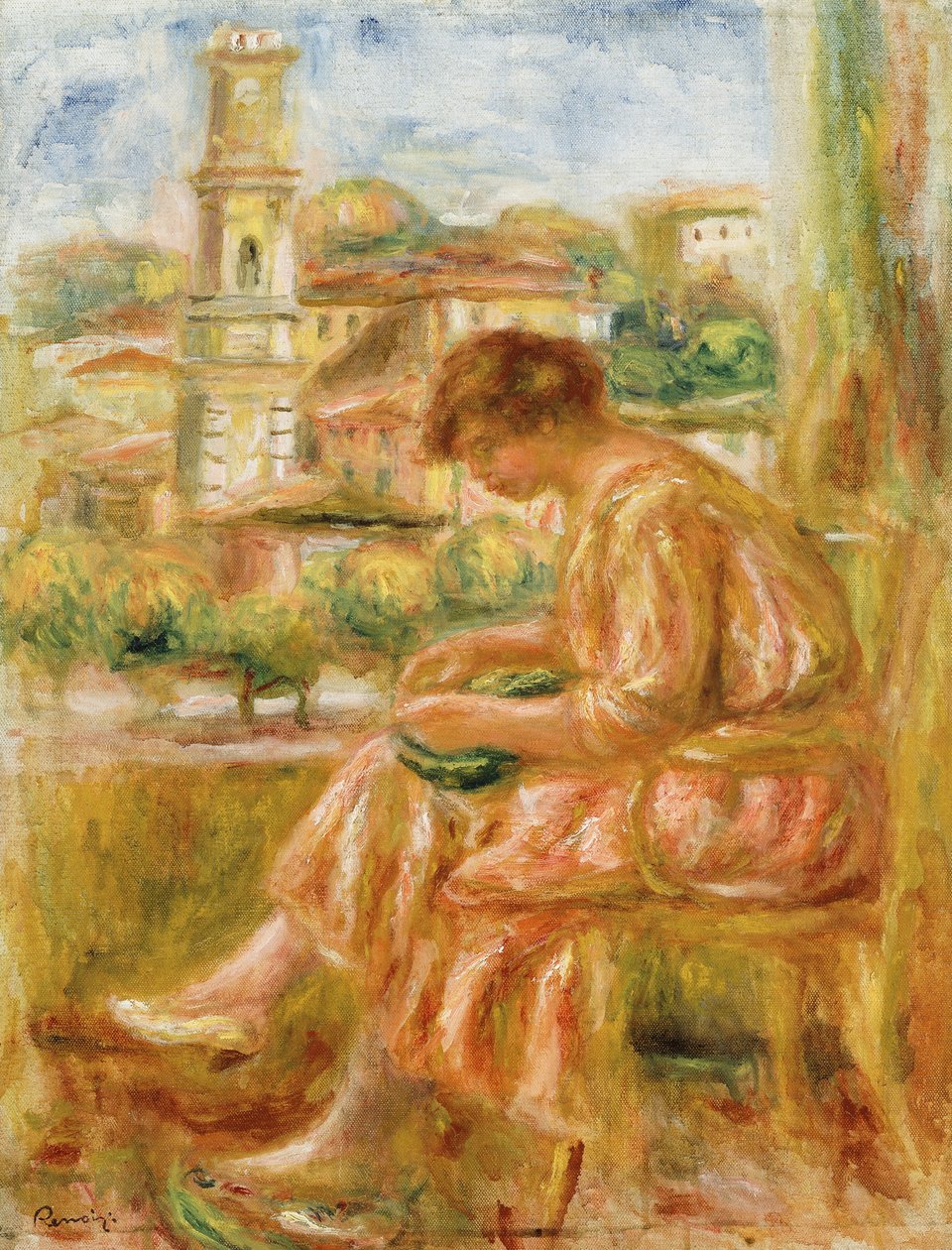 امرأة عند النافذة مع منظر جميل قديم ، 1918 بواسطة بيير أوغست رينوار