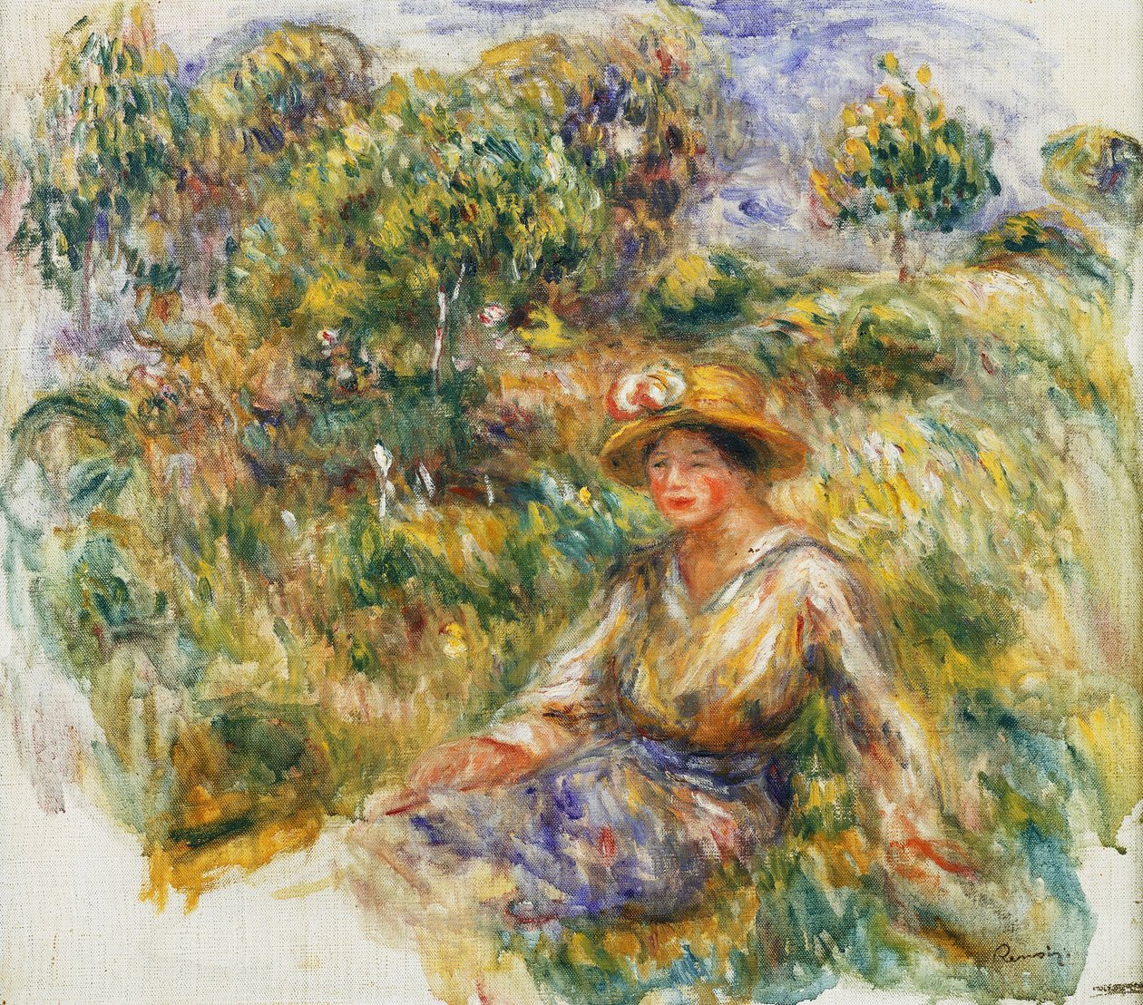 امرأة في قبعة زرقاء تجلس على العشب ؛ امرأة باللون الأزرق في قبعة تجلس على العشب ، c.1916 بواسطة بيير أوغست رينوار