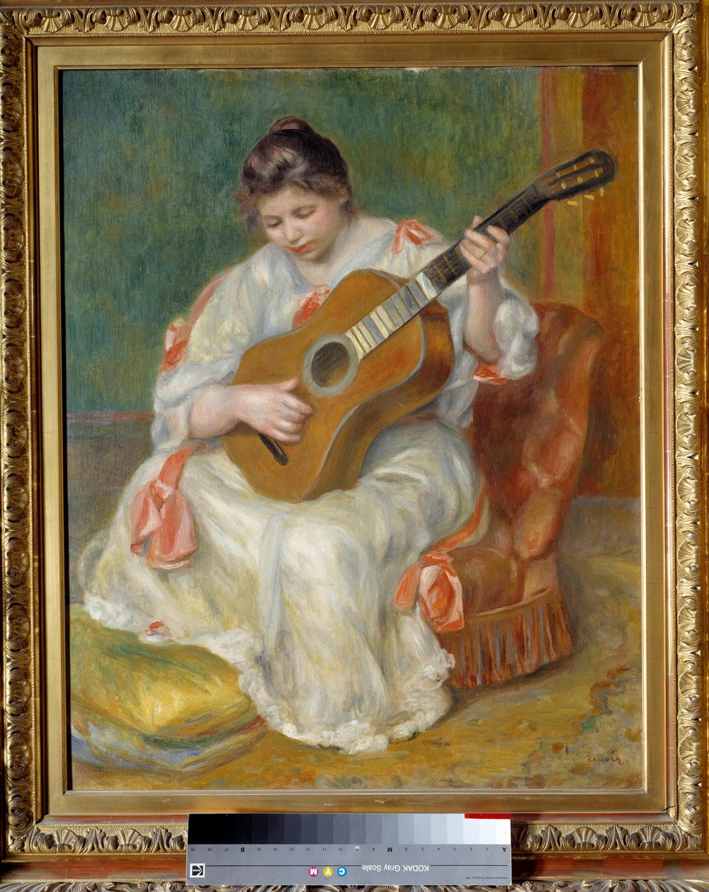 Woman playing guitar. Painting by Pierre Auguste Renoir (1841-1919) بواسطة بيير أوغست رينوار