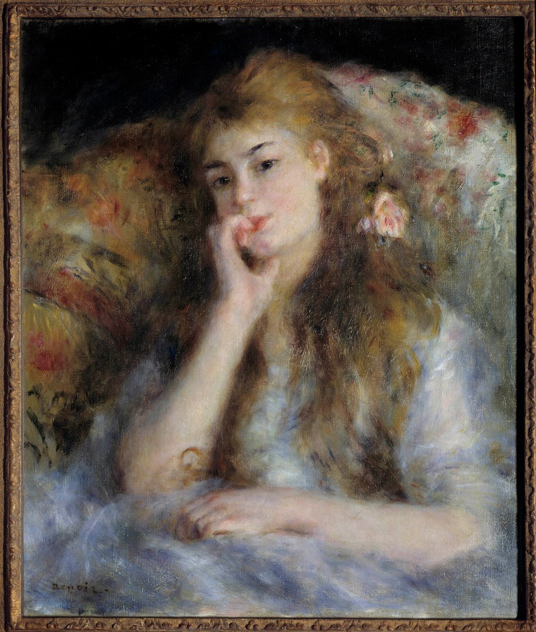 Young girl sitting or “” the thought”” Painting by Pierre Auguste Renoir (1841-1919) 1876 Private collection - Young woman seated or “” The Thought”””. Painting by Pierre Auguste Renoir (1841-1919) بواسطة بيير أوغست رينوار
