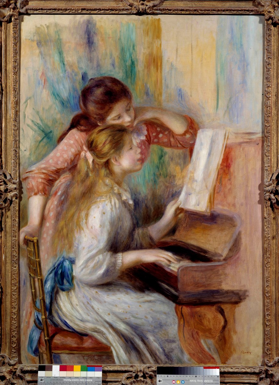 الفتيات الصغيرات في دراسة إعداد البيانو من قبل بيير أوغست رينوار (1841-1919) 1892 صن. 1،16x0،81 م باريس ، متحف أورانجيري - فتيات صغيرات في البيانو. دراسة تمهيدية من قبل بيير أوغست رينوار (1841-1919) 1892. 1،16 x 0،81 م. متحف Orangerie ، باري بواسطة بيير أوغست رينوار