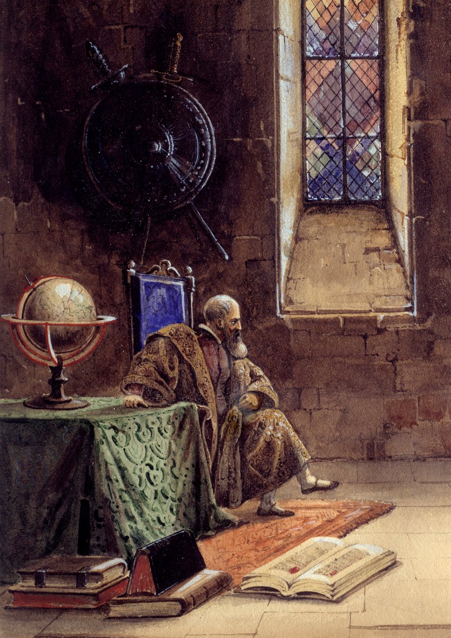 تمثيل الجليل لجاليليو جاليلي في قطعة "الجليل" بقلم فرانسوا بونسار (1814-1867) في الكوميديا الفرنسية عام 1867. يُمثل عالم الفلك هناك في السجن. رسم بيير بوفاليه (1801-1873) 1867 باريس ، كوميديا فرنسية - بواسطة بيير بوفاليت