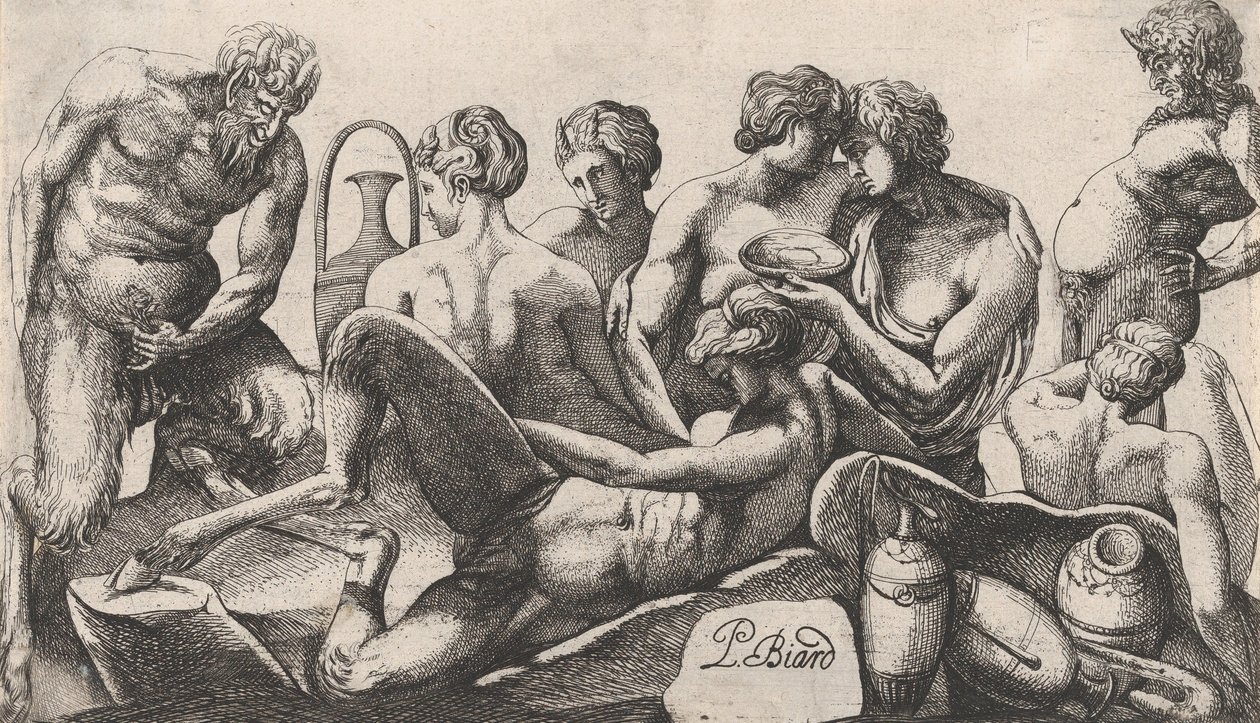 ثمانية ساتير وساتيرز ينهون وجبة ، 1607-61. بواسطة بيير بيارد