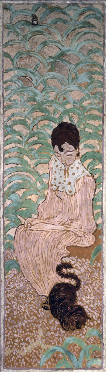 امرأة جالسة مع قطة ، واحدة من أربع لوحات للنساء في الحديقة ، 1891 (زيت على ورق على قماش) بواسطة بيير بونارد