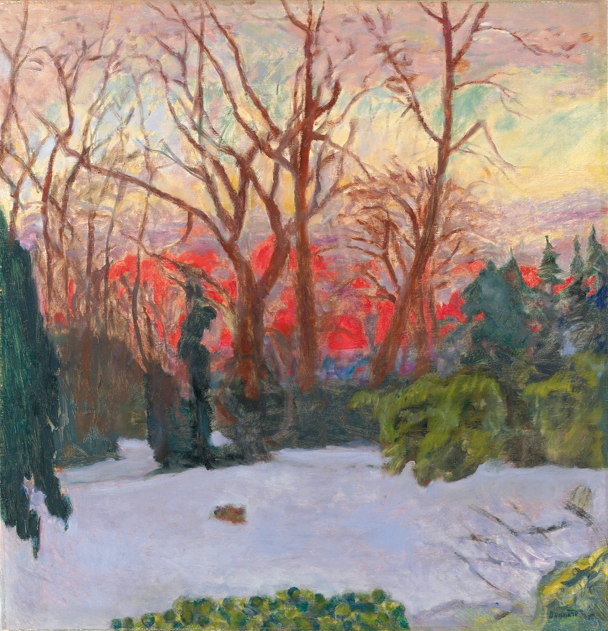 الحديقة تحت الثلج ، غروب الشمس ؛ The Garden in the Snow، Soleil Couchant، c1910 (زيت على قماش) بواسطة بيير بونارد