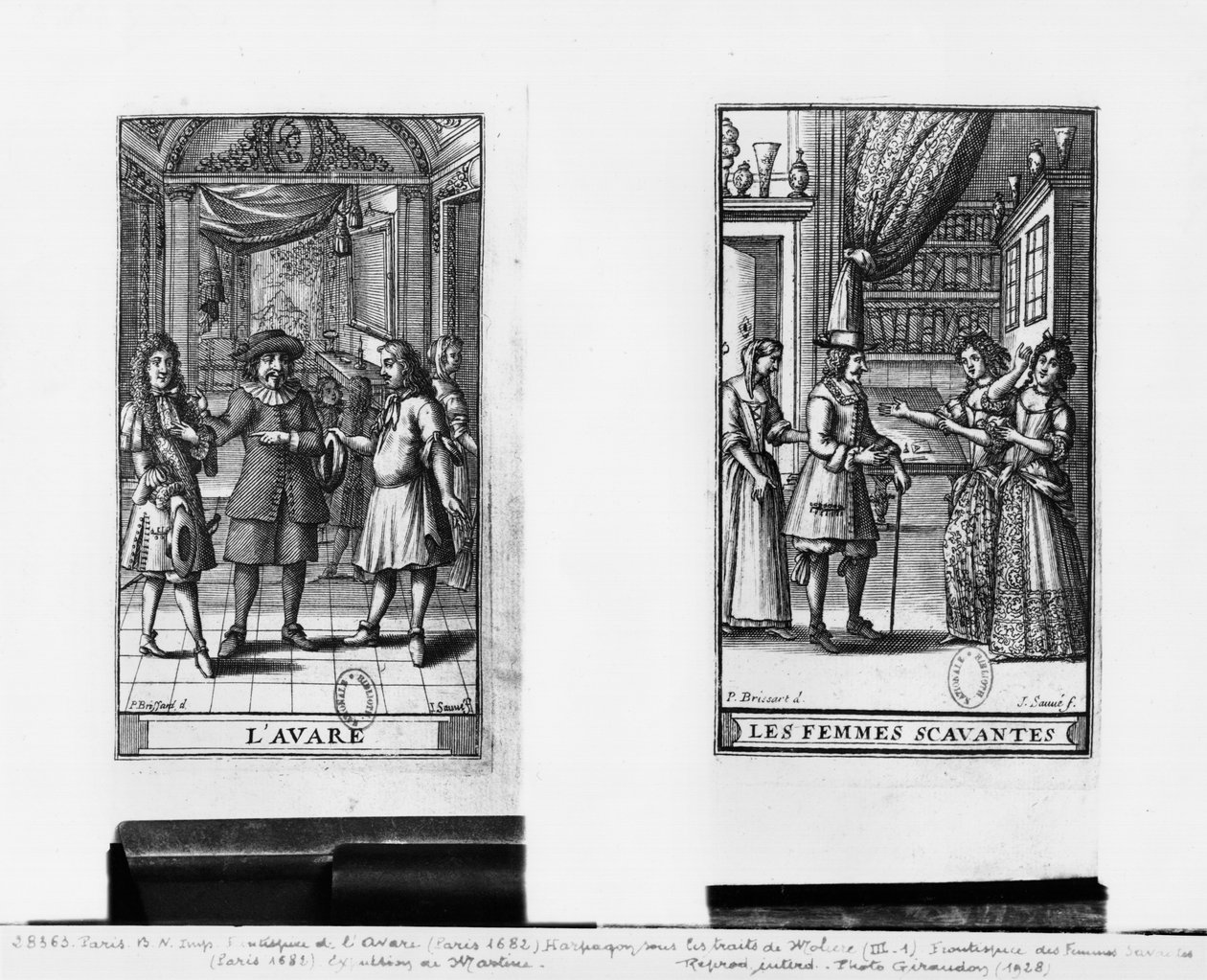 Moliere مثل Harpagon ، صورة في الواجهة الأمامية لـ "The Miser" ، 1668 ، ووجه صورة لـ "Learned Ladies" ، 1672 ، بواسطة Moliere (1622-73) منقوش بواسطة Jean Sauve (fl.1660-91) نُشر في باريس عام 1682 (ب بواسطة بيير بريسارت