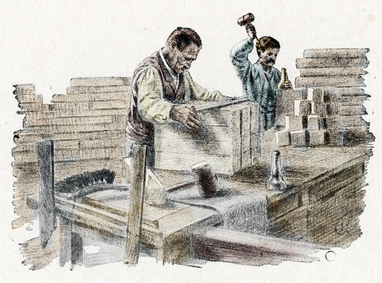 Savonnerie: le découpage des bread de soap (تصنيع قطع الصابون) نقش من "رحلة عبر المهن" لمجموعة بيير كالميت الخاصة بواسطة بيير كالميتيس