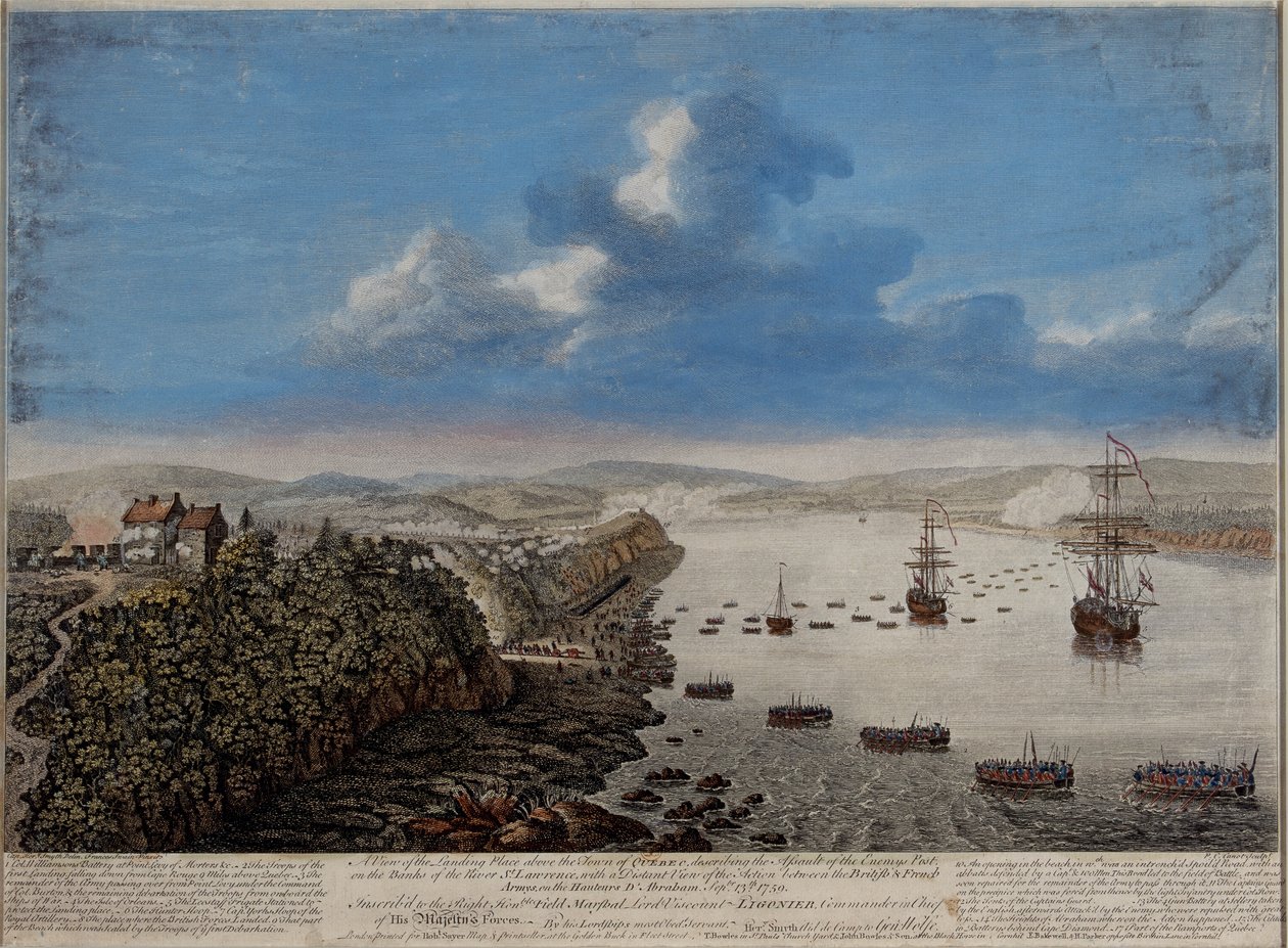 منظر لمكان الهبوط فوق مدينة كيبيك يصف الهجوم ... على Hauteurs DAbraham Septr. 13th 1759 ، c.1760 بواسطة بيير تشارلز كانوت