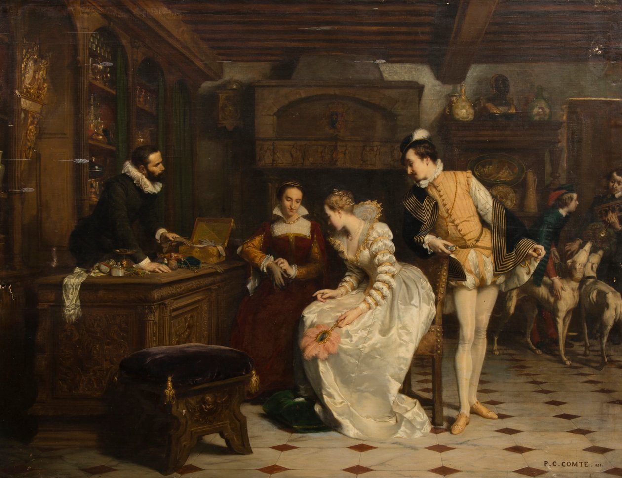 جين دي ألبريت تشتري قفازات مسمومة من عطر كاثرين دي ميديشي ... ، 1852-1858. بواسطة بيير تشارلز كومت