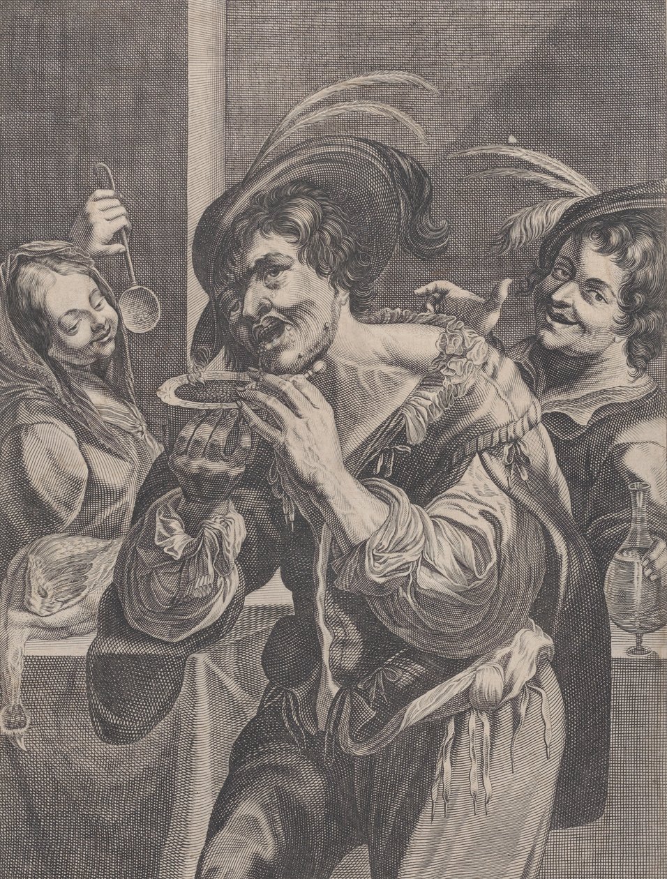 رجل يشرب الحساء بينما يراقبه شخصان ، 1624-1675. بواسطة بيير داريت